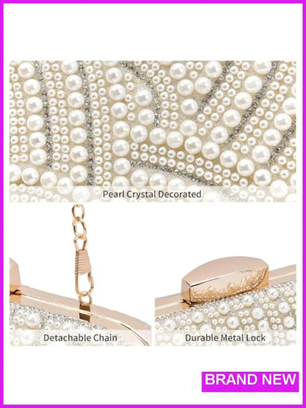 Pearl Crystal Evening Clutch with Chain, Bridal Party Purse, Twist Lock Handbag